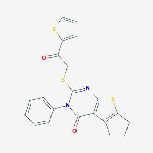 molecular formula C21H16N2O2S3 B415897 2-{[2-oxo-2-(2-thienyl)ethyl]sulfanyl}-3-phenyl-3,5,6,7-tetrahydro-4H-cyclopenta[4,5]thieno[2,3-d]pyrimidin-4-one 
