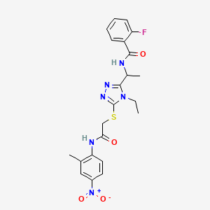 molecular formula C22H23FN6O4S B4159093 N-{1-[4-ethyl-5-({2-[(2-methyl-4-nitrophenyl)amino]-2-oxoethyl}sulfanyl)-4H-1,2,4-triazol-3-yl]ethyl}-2-fluorobenzamide 