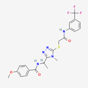 molecular formula C22H22F3N5O3S B4159217 4-methoxy-N-(1-{4-methyl-5-[(2-oxo-2-{[3-(trifluoromethyl)phenyl]amino}ethyl)sulfanyl]-4H-1,2,4-triazol-3-yl}ethyl)benzamide 