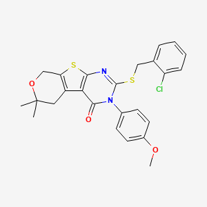 molecular formula C25H23ClN2O3S2 B4160090 5-[(2-chlorophenyl)methylsulfanyl]-4-(4-methoxyphenyl)-12,12-dimethyl-11-oxa-8-thia-4,6-diazatricyclo[7.4.0.02,7]trideca-1(9),2(7),5-trien-3-one 