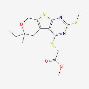 molecular formula C16H20N2O3S3 B4160102 methyl 2-[(12-ethyl-12-methyl-5-methylsulfanyl-11-oxa-8-thia-4,6-diazatricyclo[7.4.0.02,7]trideca-1(9),2(7),3,5-tetraen-3-yl)sulfanyl]acetate 