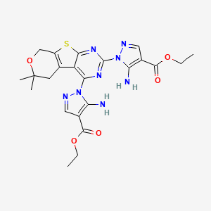molecular formula C23H26N8O5S B4160128 ethyl 5-amino-1-[5-(5-amino-4-ethoxycarbonylpyrazol-1-yl)-12,12-dimethyl-11-oxa-8-thia-4,6-diazatricyclo[7.4.0.02,7]trideca-1(9),2,4,6-tetraen-3-yl]pyrazole-4-carboxylate 