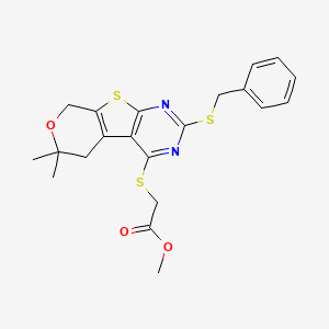 molecular formula C21H22N2O3S3 B4160150 methyl 2-[(5-benzylsulfanyl-12,12-dimethyl-11-oxa-8-thia-4,6-diazatricyclo[7.4.0.02,7]trideca-1(9),2(7),3,5-tetraen-3-yl)sulfanyl]acetate 