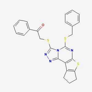 molecular formula C25H20N4OS3 B4160231 2-{[5-(benzylthio)-9,10-dihydro-8H-cyclopenta[4,5]thieno[3,2-e][1,2,4]triazolo[4,3-c]pyrimidin-3-yl]thio}-1-phenylethanone 