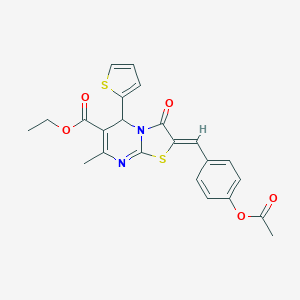 molecular formula C23H20N2O5S2 B416176 ETHYL (2Z)-2-{[4-(ACETYLOXY)PHENYL]METHYLIDENE}-7-METHYL-3-OXO-5-(THIOPHEN-2-YL)-2H,3H,5H-[1,3]THIAZOLO[3,2-A]PYRIMIDINE-6-CARBOXYLATE 