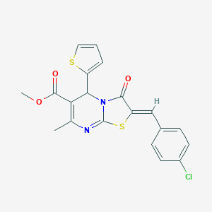 molecular formula C20H15ClN2O3S2 B416177 METHYL (2Z)-2-[(4-CHLOROPHENYL)METHYLIDENE]-7-METHYL-3-OXO-5-(THIOPHEN-2-YL)-2H,3H,5H-[1,3]THIAZOLO[3,2-A]PYRIMIDINE-6-CARBOXYLATE 