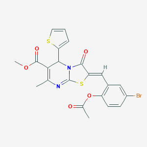 molecular formula C22H17BrN2O5S2 B416185 METHYL (2Z)-2-{[2-(ACETYLOXY)-5-BROMOPHENYL]METHYLIDENE}-7-METHYL-3-OXO-5-(THIOPHEN-2-YL)-2H,3H,5H-[1,3]THIAZOLO[3,2-A]PYRIMIDINE-6-CARBOXYLATE 