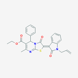 molecular formula C27H23N3O4S B416186 ETHYL 7-METHYL-3-OXO-2-[(3Z)-2-OXO-1-(PROP-2-EN-1-YL)-2,3-DIHYDRO-1H-INDOL-3-YLIDENE]-5-PHENYL-2H,3H,5H-[1,3]THIAZOLO[3,2-A]PYRIMIDINE-6-CARBOXYLATE 