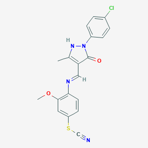 molecular formula C19H15ClN4O2S B416284 4-({[1-(4-chlorophenyl)-3-methyl-5-oxo-1,5-dihydro-4H-pyrazol-4-ylidene]methyl}amino)-3-methoxybenzenesulfenyl cyanide 