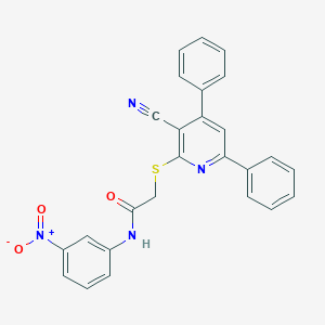 molecular formula C26H18N4O3S B416378 2-[(3-cyano-4,6-diphenyl-2-pyridinyl)sulfanyl]-N-(3-nitrophenyl)acetamide 