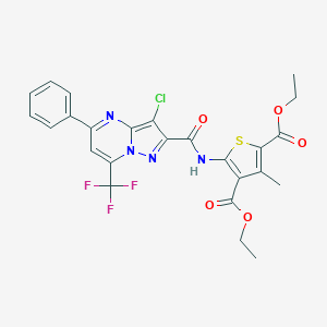 molecular formula C25H20ClF3N4O5S B416490 Diethyl 5-({[3-chloro-5-phenyl-7-(trifluoromethyl)pyrazolo[1,5-a]pyrimidin-2-yl]carbonyl}amino)-3-methyl-2,4-thiophenedicarboxylate 