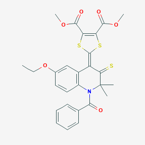molecular formula C27H25NO6S3 B416555 4,5-DIMETHYL 2-(1-BENZOYL-6-ETHOXY-2,2-DIMETHYL-3-SULFANYLIDENE-1,2,3,4-TETRAHYDROQUINOLIN-4-YLIDENE)-2H-1,3-DITHIOLE-4,5-DICARBOXYLATE 