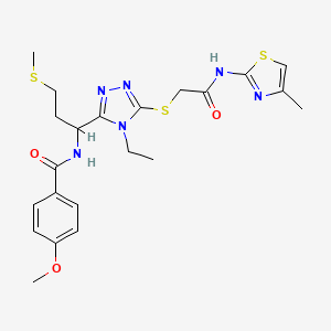 molecular formula C22H28N6O3S3 B4165789 N-{1-[4-ethyl-5-({2-[(4-methyl-1,3-thiazol-2-yl)amino]-2-oxoethyl}sulfanyl)-4H-1,2,4-triazol-3-yl]-3-(methylsulfanyl)propyl}-4-methoxybenzamide 