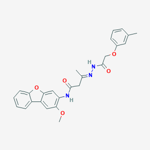 molecular formula C26H25N3O5 B416786 N-(2-methoxydibenzo[b,d]furan-3-yl)-3-{[(3-methylphenoxy)acetyl]hydrazono}butanamide 