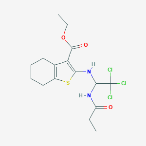 molecular formula C16H21Cl3N2O3S B416827 ETHYL 2-[(2,2,2-TRICHLORO-1-PROPANAMIDOETHYL)AMINO]-4,5,6,7-TETRAHYDRO-1-BENZOTHIOPHENE-3-CARBOXYLATE 