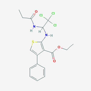 molecular formula C18H19Cl3N2O3S B416830 Ethyl 4-phenyl-2-{[2,2,2-trichloro-1-(propionylamino)ethyl]amino}-3-thiophenecarboxylate 