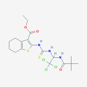 molecular formula C19H26Cl3N3O3S2 B416838 Ethyl 2-{[({2,2,2-trichloro-1-[(2,2-dimethylpropanoyl)amino]ethyl}amino)carbothioyl]amino}-4,5,6,7-tetrahydro-1-benzothiophene-3-carboxylate 