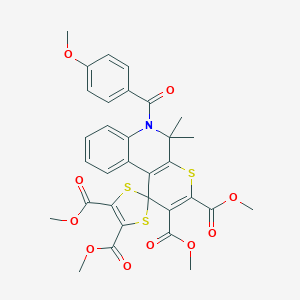 molecular formula C32H29NO10S3 B416943 TETRAMETHYL 6'-(4-METHOXYBENZOYL)-5',5'-DIMETHYL-5',6'-DIHYDROSPIRO[1,3-DITHIOLE-2,1'-THIOPYRANO[2,3-C]QUINOLINE]-2',3',4,5-TETRACARBOXYLATE 