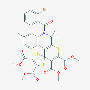 molecular formula C32H28BrNO9S3 B416951 TETRAMETHYL 6'-(2-BROMOBENZOYL)-5',5',8'-TRIMETHYL-5',6'-DIHYDROSPIRO[1,3-DITHIOLE-2,1'-THIOPYRANO[2,3-C]QUINOLINE]-2',3',4,5-TETRACARBOXYLATE 