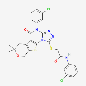 molecular formula C26H21Cl2N5O3S2 B4170167 N-(3-chlorophenyl)-2-[[7-(3-chlorophenyl)-12,12-dimethyl-8-oxo-13-oxa-16-thia-2,4,5,7-tetrazatetracyclo[7.7.0.02,6.010,15]hexadeca-1(9),3,5,10(15)-tetraen-3-yl]sulfanyl]acetamide 