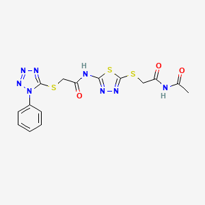 molecular formula C15H14N8O3S3 B4170194 N~1~-(5-{[2-(ACETYLAMINO)-2-OXOETHYL]SULFANYL}-1,3,4-THIADIAZOL-2-YL)-2-[(1-PHENYL-1H-1,2,3,4-TETRAAZOL-5-YL)SULFANYL]ACETAMIDE 