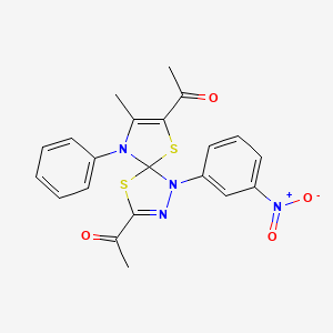 molecular formula C21H18N4O4S2 B4172028 1,1'-[8-methyl-1-(3-nitrophenyl)-9-phenyl-4,6-dithia-1,2,9-triazaspiro[4.4]nona-2,7-diene-3,7-diyl]diethanone 