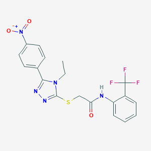 molecular formula C19H16F3N5O3S B417691 2-[(4-ethyl-5-{4-nitrophenyl}-4H-1,2,4-triazol-3-yl)sulfanyl]-N-[2-(trifluoromethyl)phenyl]acetamide 