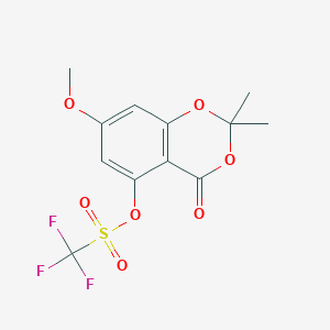 molecular formula C12H11F3O7S B041770 Trifluoromethanesulfonic Acid 7-Methoxy-2,2-dimethyl-4-oxo-4H-1,3-benzodioxin-5-yl Ester CAS No. 532394-17-5