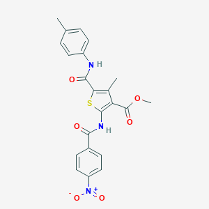 molecular formula C22H19N3O6S B417922 Methyl 2-[({4-nitrophenyl}carbonyl)amino]-4-methyl-5-{[(4-methylphenyl)amino]carbonyl}thiophene-3-carboxylate 