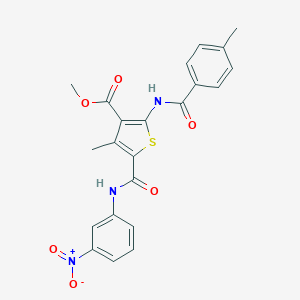 molecular formula C22H19N3O6S B417935 Methyl 5-[({3-nitrophenyl}amino)carbonyl]-4-methyl-2-{[(4-methylphenyl)carbonyl]amino}thiophene-3-carboxylate 