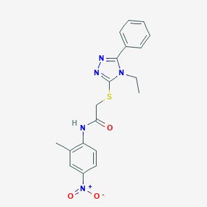 molecular formula C19H19N5O3S B417946 2-[(4-ethyl-5-phenyl-4H-1,2,4-triazol-3-yl)sulfanyl]-N-{4-nitro-2-methylphenyl}acetamide 