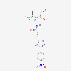 molecular formula C20H21N5O5S2 B417962 ethyl 2-({[(5-{4-nitrophenyl}-4-methyl-4H-1,2,4-triazol-3-yl)sulfanyl]acetyl}amino)-4,5-dimethylthiophene-3-carboxylate 