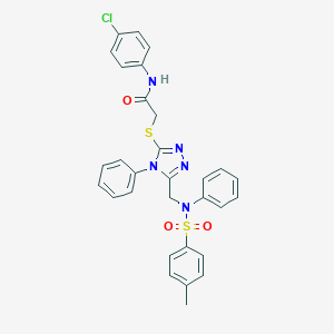 molecular formula C30H26ClN5O3S2 B418233 N-(4-chlorophenyl)-2-{[5-({[(4-methylphenyl)sulfonyl]anilino}methyl)-4-phenyl-4H-1,2,4-triazol-3-yl]sulfanyl}acetamide 