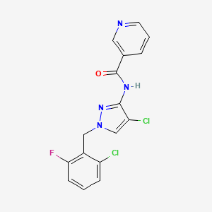molecular formula C16H11Cl2FN4O B4182646 N-{4-CHLORO-1-[(2-CHLORO-6-FLUOROPHENYL)METHYL]-1H-PYRAZOL-3-YL}PYRIDINE-3-CARBOXAMIDE 