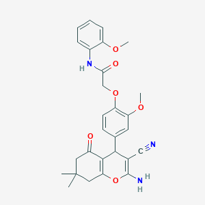 molecular formula C28H29N3O6 B418377 2-[4-(2-amino-3-cyano-7,7-dimethyl-5-oxo-5,6,7,8-tetrahydro-4H-chromen-4-yl)-2-methoxyphenoxy]-N-(2-methoxyphenyl)acetamide 