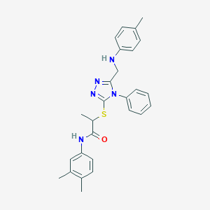 molecular formula C27H29N5OS B418411 N-(3,4-Dimethylphenyl)-2-((4-phenyl-5-((p-tolylamino)methyl)-4H-1,2,4-triazol-3-yl)thio)propanamide CAS No. 332907-21-8