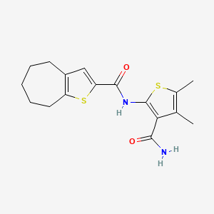 molecular formula C17H20N2O2S2 B4184440 N-(3-CARBAMOYL-4,5-DIMETHYL-2-THIENYL)-5,6,7,8-TETRAHYDRO-4H-CYCLOHEPTA[B]THIOPHENE-2-CARBOXAMIDE 