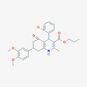 molecular formula C28H30BrNO5 B418446 propyl 4-(2-bromophenyl)-7-(3,4-dimethoxyphenyl)-2-methyl-5-oxo-1,4,5,6,7,8-hexahydroquinoline-3-carboxylate 
