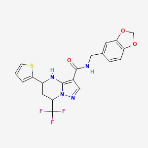 molecular formula C20H17F3N4O3S B4187393 N-(1,3-benzodioxol-5-ylmethyl)-5-(thiophen-2-yl)-7-(trifluoromethyl)-4,5,6,7-tetrahydropyrazolo[1,5-a]pyrimidine-3-carboxamide 
