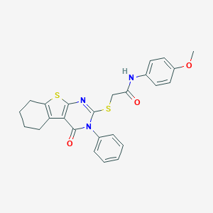molecular formula C25H23N3O3S2 B418766 N-(4-methoxyphenyl)-2-[(4-oxo-3-phenyl-3,4,5,6,7,8-hexahydro[1]benzothieno[2,3-d]pyrimidin-2-yl)sulfanyl]acetamide 