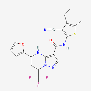 molecular formula C20H18F3N5O2S B4188523 N-(3-cyano-4-ethyl-5-methylthiophen-2-yl)-5-(furan-2-yl)-7-(trifluoromethyl)-4,5,6,7-tetrahydropyrazolo[1,5-a]pyrimidine-3-carboxamide 