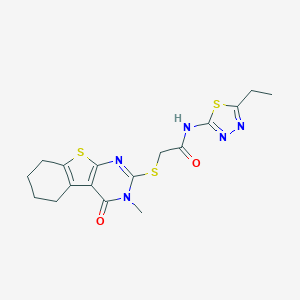molecular formula C17H19N5O2S3 B418962 N-(5-ethyl-1,3,4-thiadiazol-2-yl)-2-[(3-methyl-4-oxo-3,4,5,6,7,8-hexahydro[1]benzothieno[2,3-d]pyrimidin-2-yl)sulfanyl]acetamide 