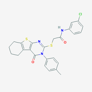 molecular formula C25H22ClN3O2S2 B418975 N-(3-chlorophenyl)-2-[[3-(4-methylphenyl)-4-oxo-5,6,7,8-tetrahydro-[1]benzothiolo[2,3-d]pyrimidin-2-yl]sulfanyl]acetamide CAS No. 443740-01-0