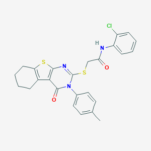 molecular formula C25H22ClN3O2S2 B418978 N-(2-chlorophenyl)-2-{[3-(4-methylphenyl)-4-oxo-3,4,5,6,7,8-hexahydro[1]benzothieno[2,3-d]pyrimidin-2-yl]sulfanyl}acetamide 