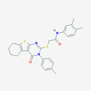 molecular formula C27H27N3O2S2 B418982 N-(3,4-dimethylphenyl)-2-{[3-(4-methylphenyl)-4-oxo-3,4,5,6,7,8-hexahydro[1]benzothieno[2,3-d]pyrimidin-2-yl]sulfanyl}acetamide CAS No. 443740-02-1