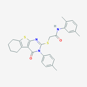 molecular formula C27H27N3O2S2 B418984 N-(2,5-dimethylphenyl)-2-[[3-(4-methylphenyl)-4-oxo-5,6,7,8-tetrahydro-[1]benzothiolo[2,3-d]pyrimidin-2-yl]sulfanyl]acetamide CAS No. 332947-14-5