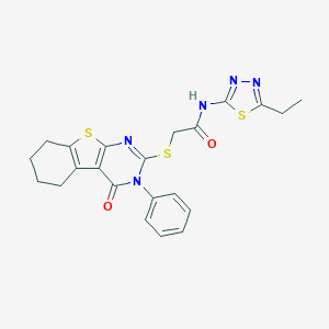 molecular formula C22H21N5O2S3 B419041 N-(5-ethyl-1,3,4-thiadiazol-2-yl)-2-[(4-oxo-3-phenyl-5,6,7,8-tetrahydro-[1]benzothiolo[2,3-d]pyrimidin-2-yl)sulfanyl]acetamide 