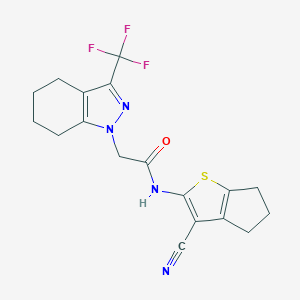 molecular formula C18H17F3N4OS B419107 N-(3-cyano-5,6-dihydro-4H-cyclopenta[b]thien-2-yl)-2-[3-(trifluoromethyl)-4,5,6,7-tetrahydro-1H-indazol-1-yl]acetamide 