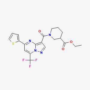 molecular formula C20H19F3N4O3S B4191175 Ethyl 1-{[5-(thiophen-2-yl)-7-(trifluoromethyl)pyrazolo[1,5-a]pyrimidin-3-yl]carbonyl}piperidine-3-carboxylate 