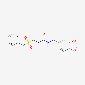 molecular formula C18H19NO5S B4191740 N-[(2H-1,3-BENZODIOXOL-5-YL)METHYL]-3-PHENYLMETHANESULFONYLPROPANAMIDE 